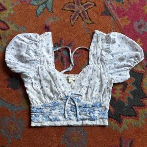 Blue Floral Puff Sleeve Crop Top